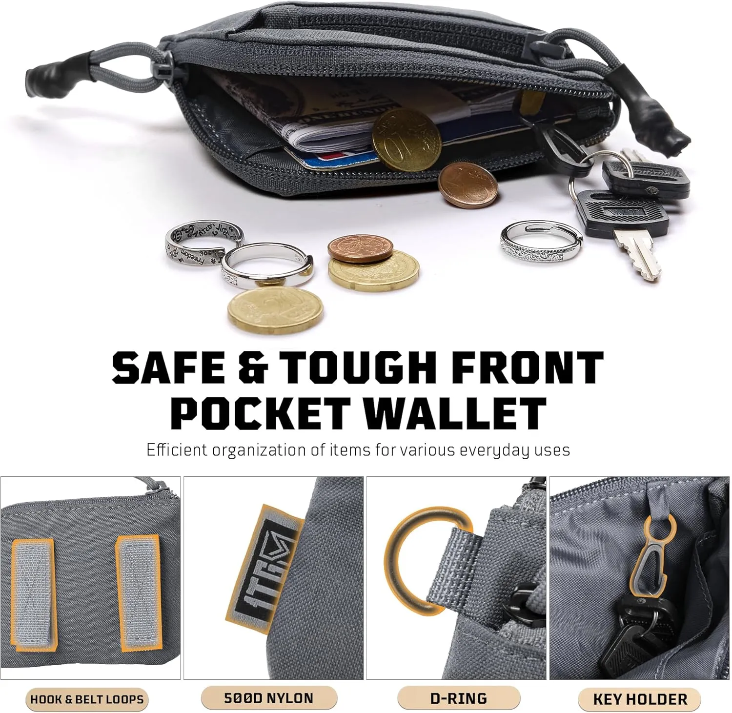 Coin Purse, 500D NYLON Small Coin Pouch for Men, Slim Wallet Minimalist Money Pouch Change Bag Tactical ID Card Holder with YKK Zipper, Coin Bag
