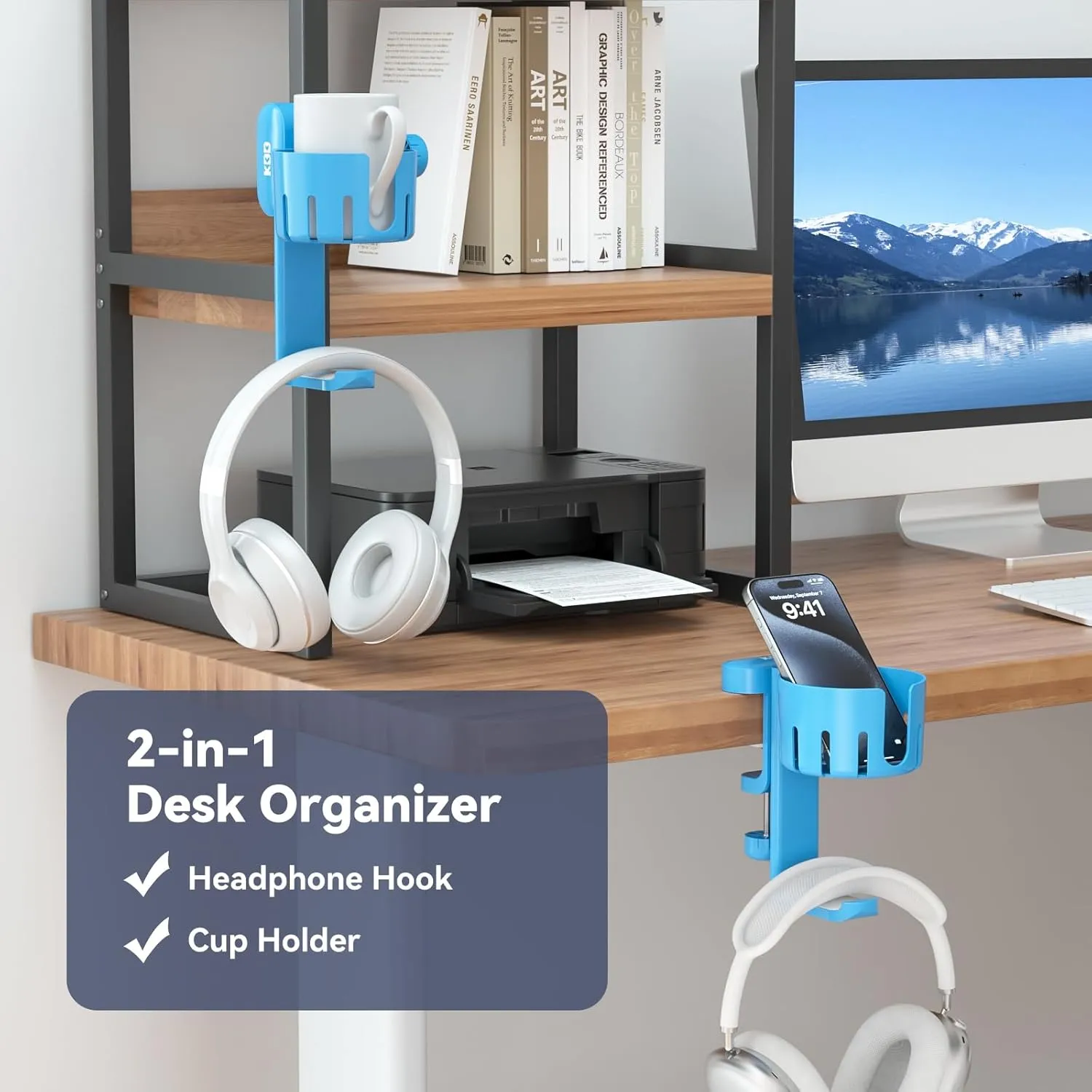 KDD 2 in 1 Headphone Hanger with Desk Cup Holder - Under Desk Clamp Rotatable Headset Holder - Suitable for Coffee Mups, Water Cups, Headphone(Blue)