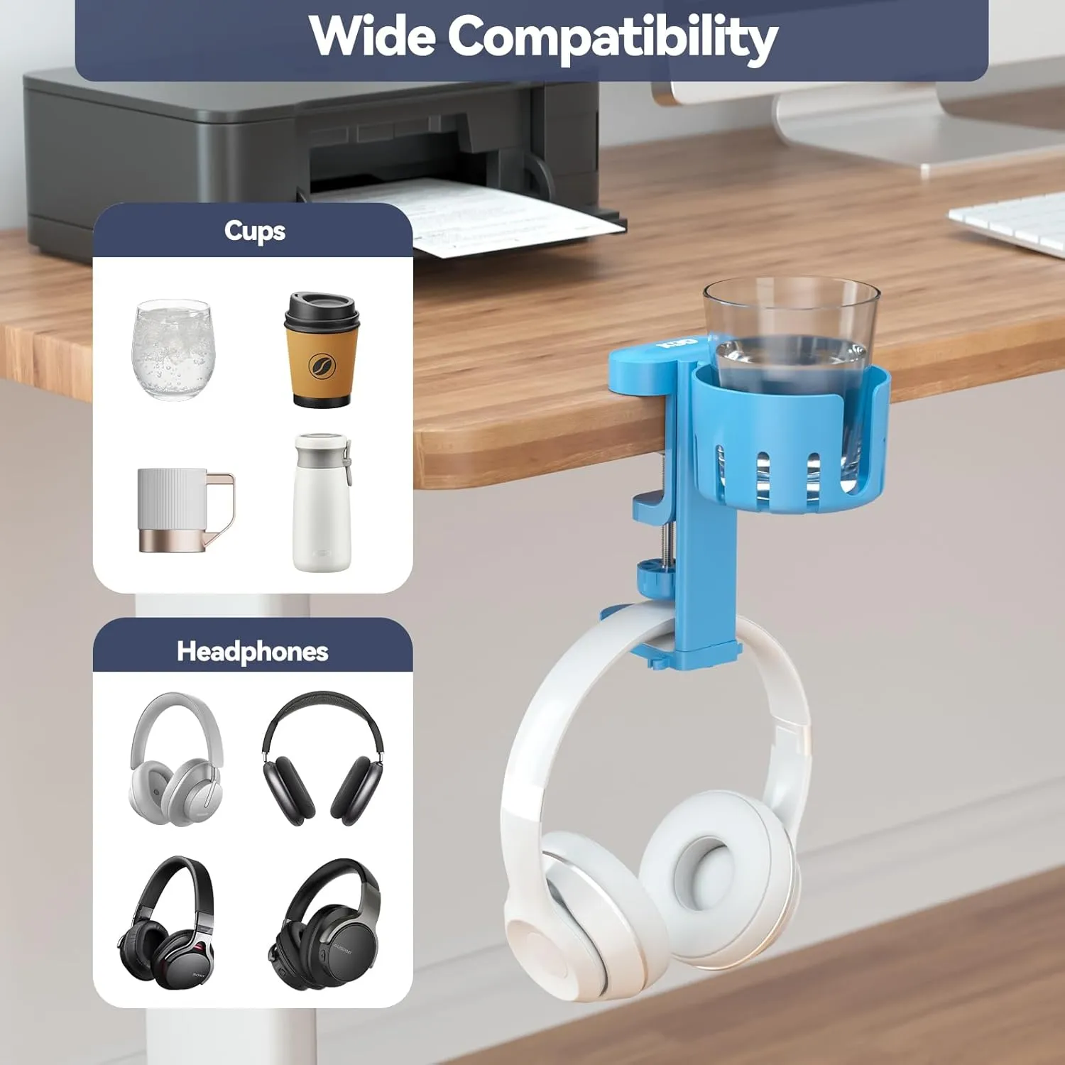 KDD 2 in 1 Headphone Hanger with Desk Cup Holder - Under Desk Clamp Rotatable Headset Holder - Suitable for Coffee Mups, Water Cups, Headphone(Blue)