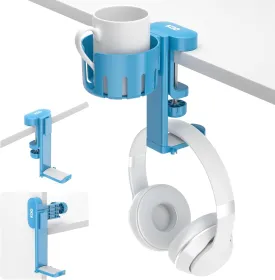 KDD 2 in 1 Headphone Hanger with Desk Cup Holder - Under Desk Clamp Rotatable Headset Holder - Suitable for Coffee Mups, Water Cups, Headphone(Blue)