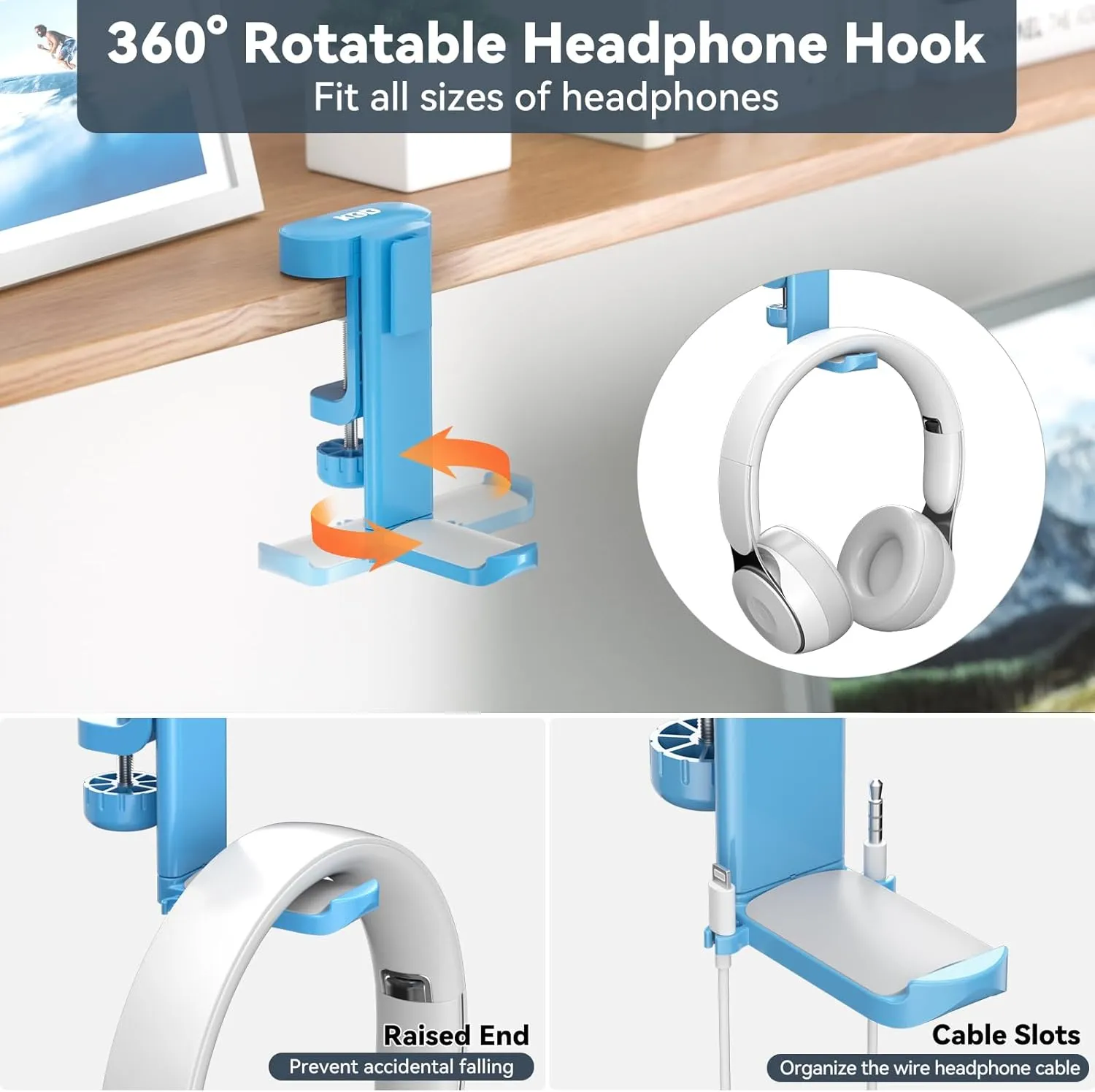 KDD 2 in 1 Headphone Hanger with Desk Cup Holder - Under Desk Clamp Rotatable Headset Holder - Suitable for Coffee Mups, Water Cups, Headphone(Blue)