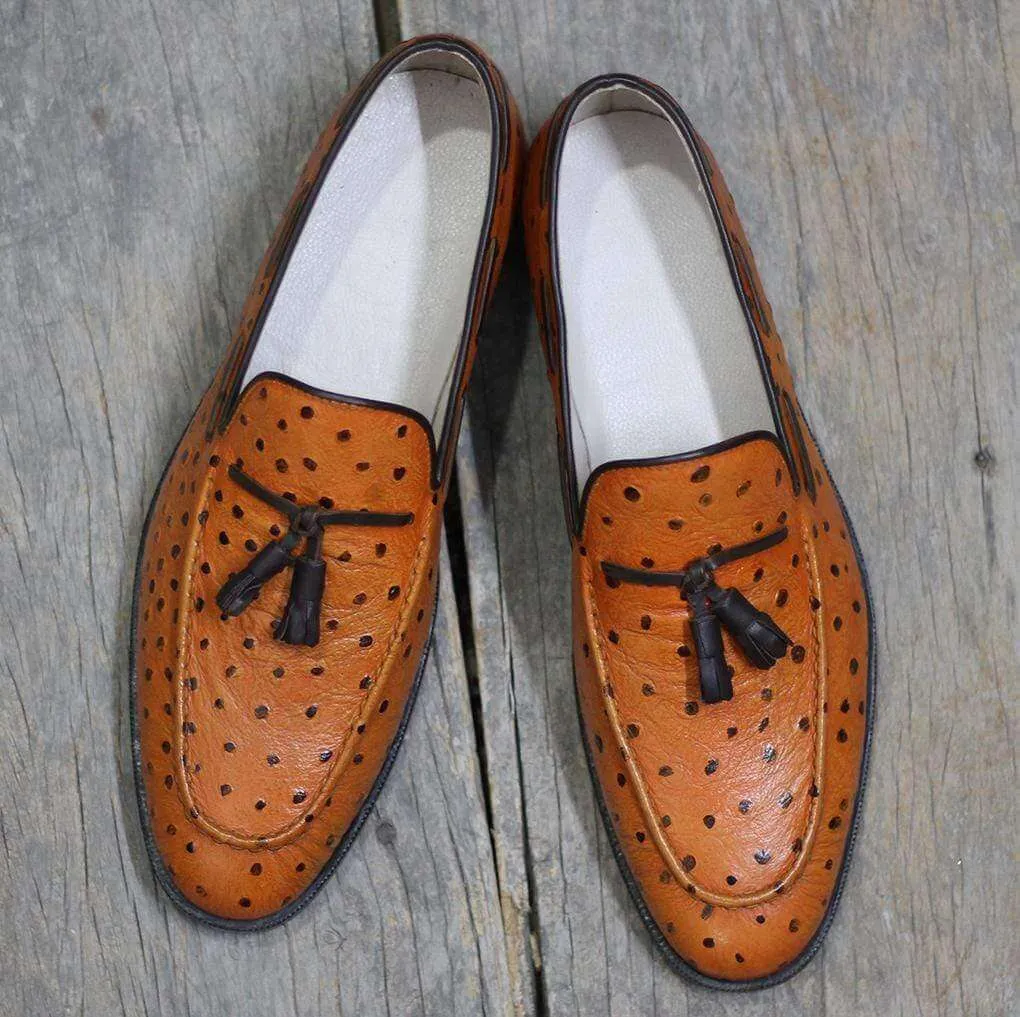 Ostrich Tan Tussles Leather Loafers Shoes For Men's
